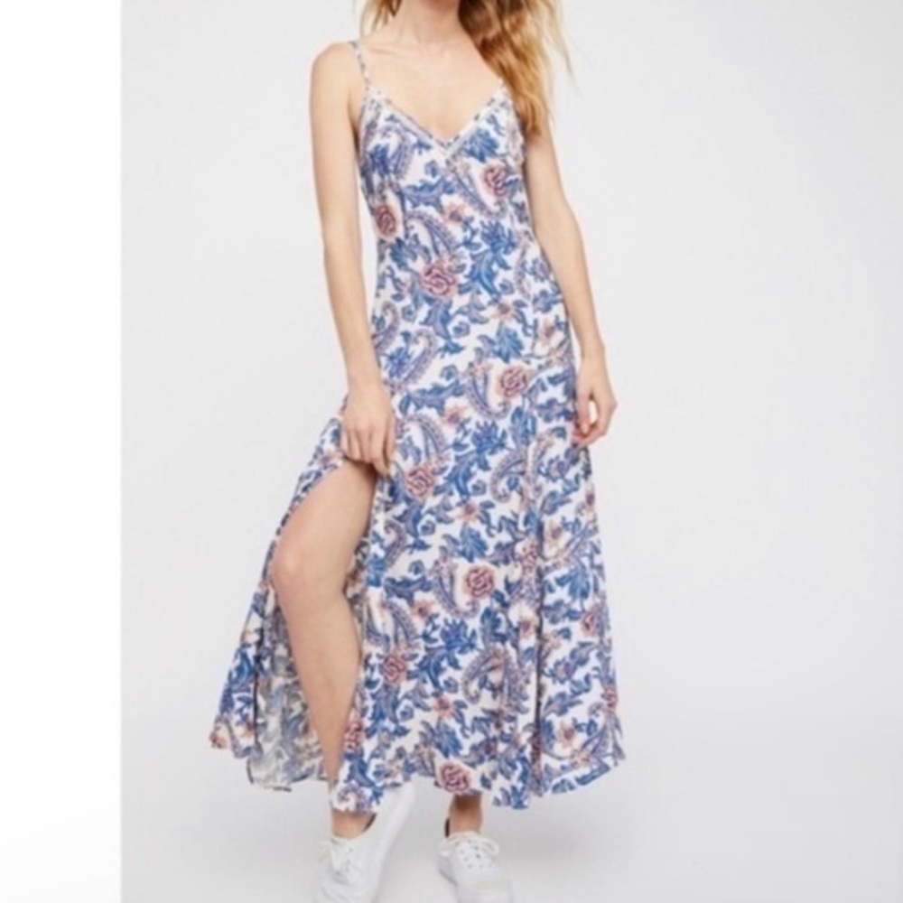 Spell Etienne Monaco Strappy Floral Slip Maxi Dress Ivory Blue Extra‎ Small